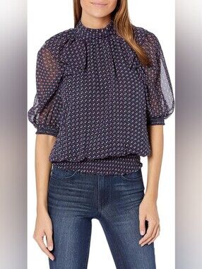 Ramy Brook Avelina Silk Top Navy Geometric Print Puff Sleeve Smocked Hem Large